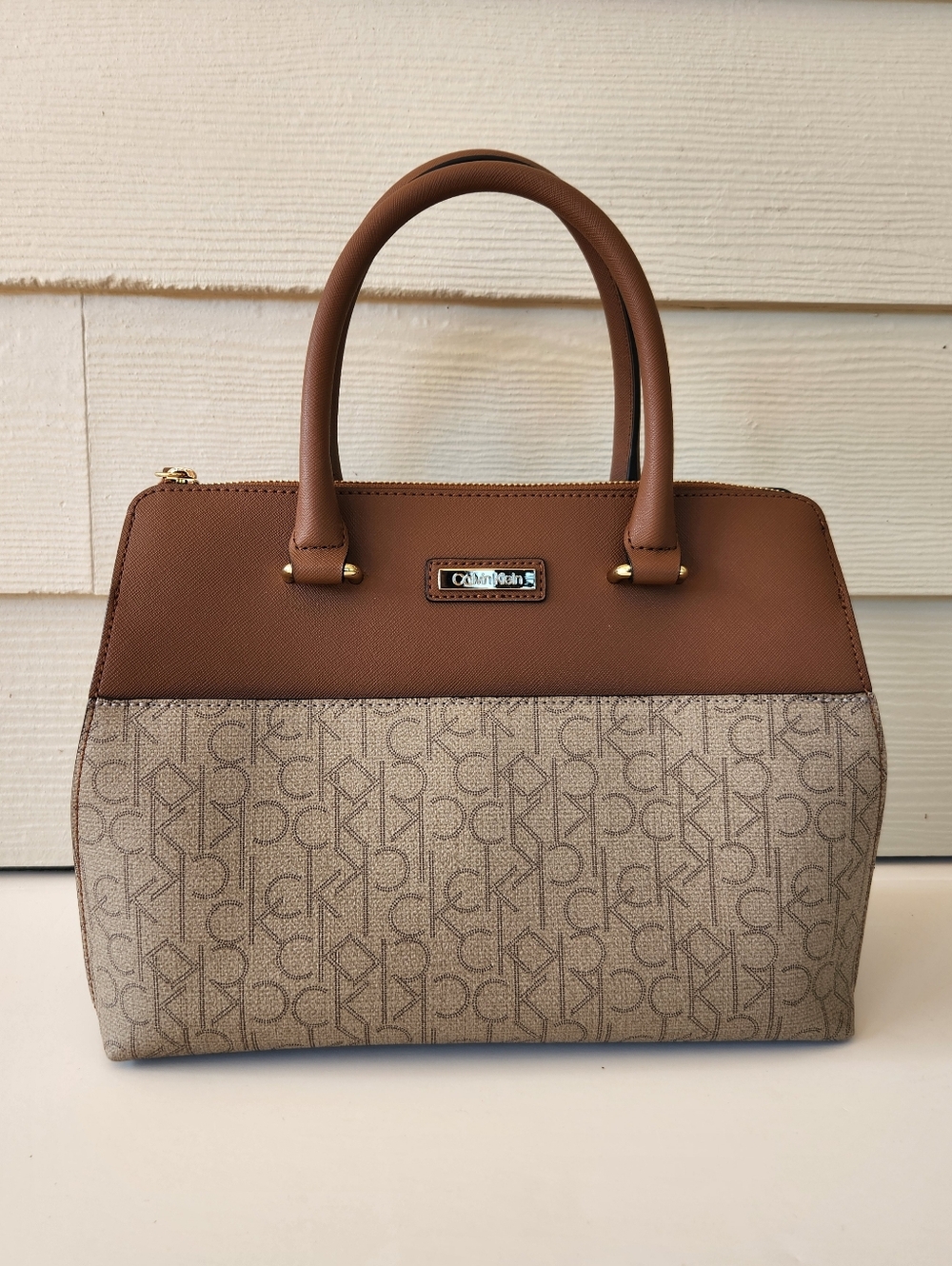 Calvin Klein Signature Tan and Brown Satchel/Crossbody Handbag, Like New